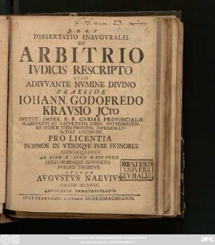 Dissertatio Inavgvralis De Arbitrio Ivdicis Rescripto [!]