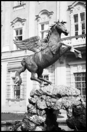 Salzburg: Mirabellpark, Allegorien, kämpfende Männer hinter Pyramidenbaum [Mirabellpark, Allegorien, Pegasusbrunnen vor dem Schloss]