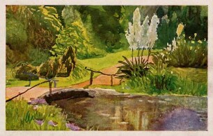 Postkartenalbum mit Motiven von Karlsruhe. "Stadtgarten Karlsruhe". Wasserlauf und Brücke im Stadtgarten