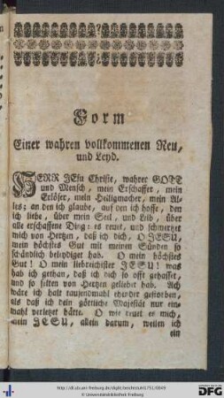 Form einer wahren vollkommenen Reu, und Leyd.