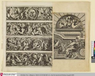 [Vier Friese, das obere mit einer Kartusche mit einem Reiterbildnis; Frises de trophées d'armes]