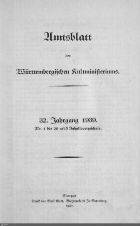 32.1939: Kultministerium, Amtsblatt 1939
