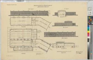 Ausbesserungshalle im Bahnbetriebswerk Gelsenkirchen-Bismarck: Ansicht, Grundriß, Schnitt [2 Exemplare, 1 mit Korrekturen], M. 1:200