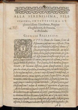 Alla Serenissmia, Felicissima, Invittissima Et gloriosissima Elizabetta, Regina d'Inghilterra, di Francia, & d'Irlanda