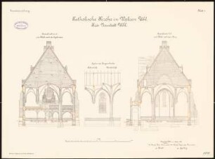 Katholische Kirche, Walzen: Querschnitt nach der Orgel, Querschnitt nach dem Chor, Teil-Längsschnitt 1:100