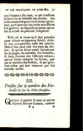 III. Pensées sur le nombre des Forteresses & sur les Villes fortisiées.