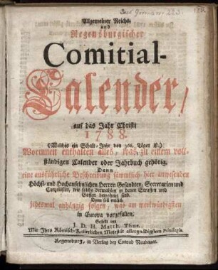 1788: Allgemeiner Reichs- und Regensburgischer Comitial-Calender, auf das Jahr Christi 1788