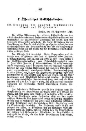 Trennung der dauernd verbundenen Schul- und Kirchenämter : [F. Öffentliches Volksschulwesen]