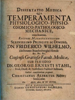 Diss. med. qua temperamenta physiologico-physio-gnomico-pathologico-mechanice enucleantur