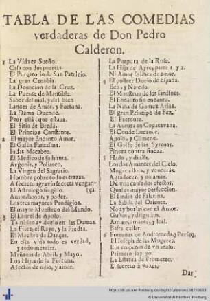 Tabla de las comedias verdaderas de Don Pedro Calderon.