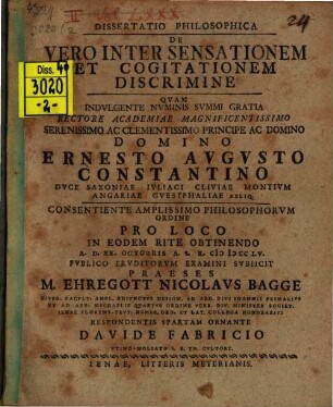 Diss. philos. de vero inter sensationem et cogitationem discrimine