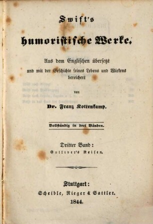 Swift's humoristische Werke : Vollständig in drei Bänden, 3. Gulliver's Reisen