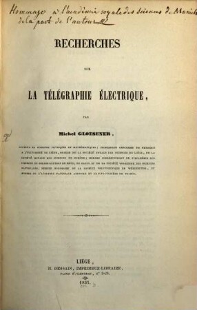 Recherches sur la télégraphie électrique
