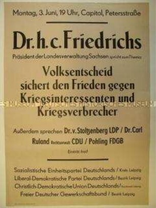 Maueranschlag mit Ankündigung einer Rede Rudolf Friedrichs zum Volksentscheid