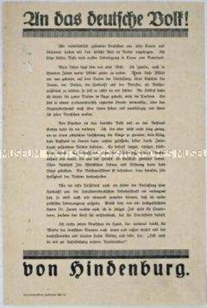 Flugblatt mit dem Wortlaut des Aufrufes von Paul von Hindenburg anlässlich der Reichspräsidentenwahl 1925
