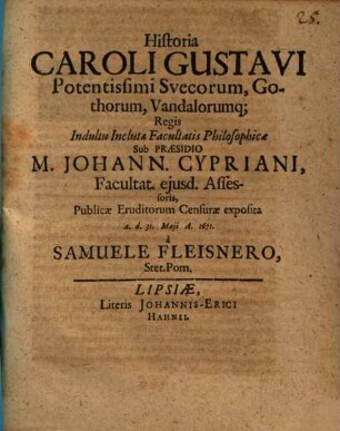 Historia Caroli Gustavi, potentissimi Suecorum, Gothorum, Vandalorumque regis
