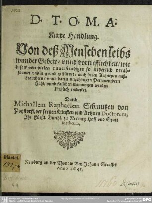 Kurtze Handlung. Von deß Menschenleibs wunder Gebew