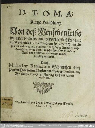 Kurtze Handlung. Von deß Menschenleibs wunder Gebew