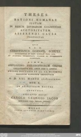 Theses Rationi Humanae Iustam In Rerum Divinarum Cognitione Auctoritatem Asserendi Causa Propositae