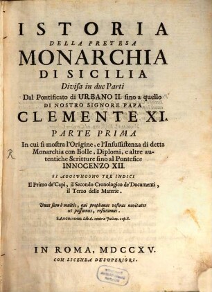 Istoria della pretesa monarchia di Sicilia : Dissertazione critica istorica