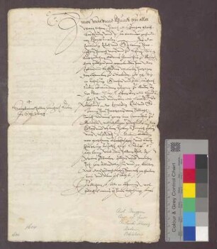 Entwurf eines Erblehnbriefs des Beuggener Deutsch-Ordens-Komturs Johann Heinrich von Schienen für Martin Herzog zu Oberbaden über eine Behausung und 2 Juchart Reben an der Limmat zu Baden und 1/2 Juchart Reben auf dem Geisberg.