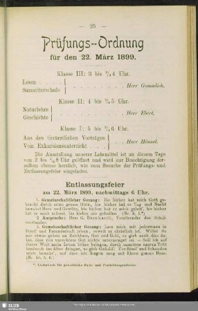 Entlassungsfeier am 22. März 1899, nachmittags 6 Uhr