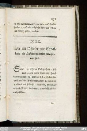 XII. Wie ein Officier mit Cavallerie ein Husarenquartier attaquiren soll.