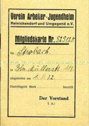 Mitgliedsausweis des Vereins Arbeiter-Jugendheim Reinickendorf