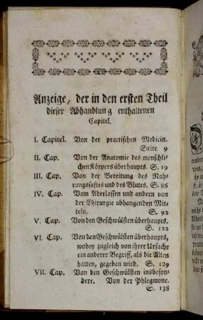 Anzeige, der in den ersten Theil dieser Abhandlung enthaltenen Capitel