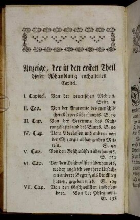 Anzeige, der in den ersten Theil dieser Abhandlung enthaltenen Capitel