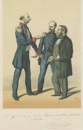 Karikatur des Friedrich Adolph von Seubert, Oberst, Arthur August von Soden, Hauptmann und Herrn von Maucler vom Auswärtigen Amt, Gesprächsrunde (von links nach rechts)