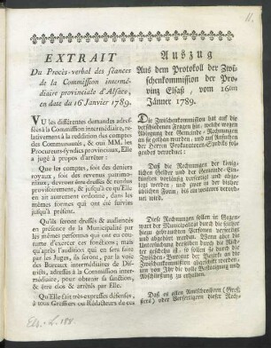 Extrait Du Procès-verbal des séances de la Commission intermédiaire provinciale d'Alsace, en date du 16 Janvier 1789