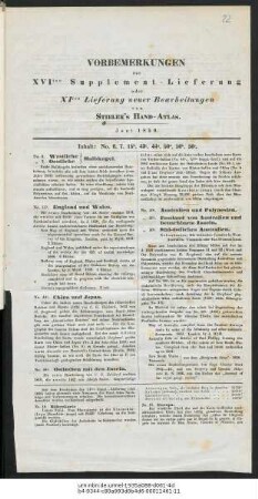 Vorbemerkungen zur XVIten Supplement-Lieferung oder XIten Lieferung neuer Bearbeitungen von Stieler's Hand-Atlas : Juni 1850