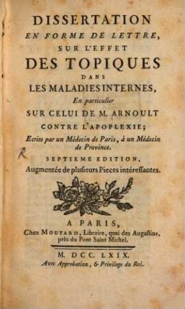 Dissertation en forme de lettre sur les effets des topiques dans les maladies internes