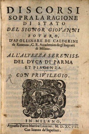 Discorsi sopra la Ragione di Stato del ... G. Potero