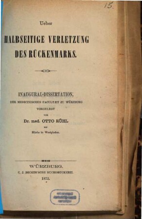 Ueber halbseitige Verletzung des Rückenmarks : Inaugural-Dissertation