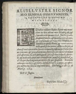 Dedikation an Cavaliere Hieronimo Michelozzi von Cristofano Malvezzi, Venedig 15. März 1584