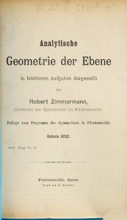 Analytische Geometrie der Ebene : In leichteren Aufgaben dargest