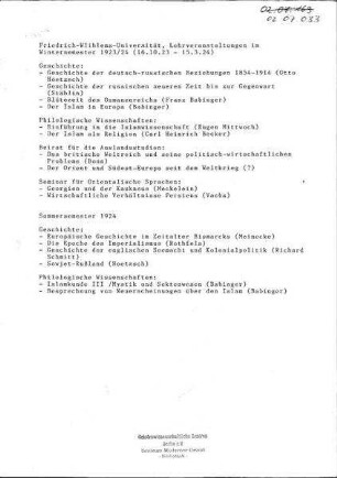 Friedrich-Wilhelms-Universität, Lehrveranstaltungen im Wintersemester 1923/24