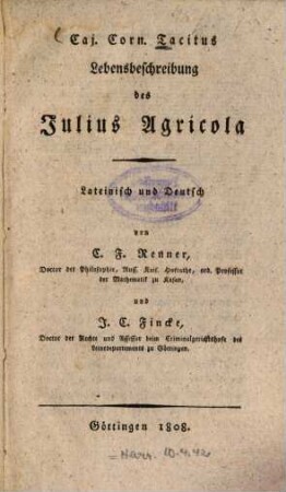 Cai. Corn. Tacitus Lebensbeschreibung des Julius Agricola