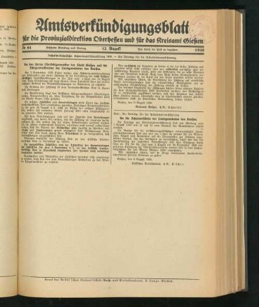 Amtsverkündigungsblatt für die Provinzialdirektion Oberhessen und der Kreisämter Gießen, Friedberg, Büdingen, Lauterbach, Schotten und Alsfeld