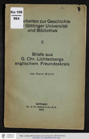 Briefe aus G. Chr. Lichtenbergs englischem Freundeskreis : aus den Handschriften des Lichtenberg-Archivs