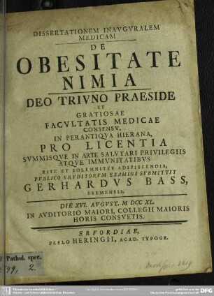Dissertationem Inauguralem Medicam De Obesitate Nimia