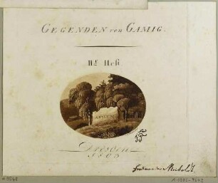 Titelblatt des II. Heftes "Gegenden von Gamig" mit einer Darstellung eines Gedenksteines, Graf Malthe Gustav Carl von Bose gewidmet
