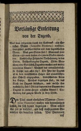 Vorläufige Einleitung von der Tugend.