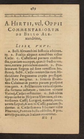 A. Hirtii, vel, Oppii Commentariorum De Bello Alexandrino, Liber Unus.