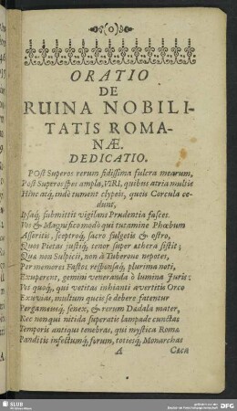 Oratio De Ruina Nobilitatis Romanae. Dedicatio