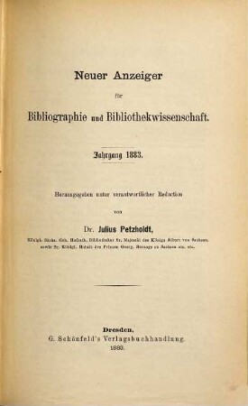 Neuer Anzeiger für Bibliographie und Bibliothekwissenschaft. 1883