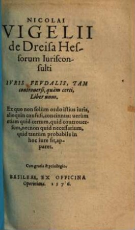 Iuris feudalis ... liber unus