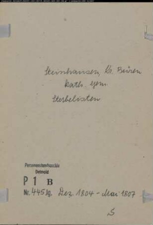 Quartaltotenlisten der katholischen Gemeinde Steinhausen, Kreis Büren (Dezember 1804-Mai 1807) (Gemeinde: Katholische Gemeinde Steinhausen)